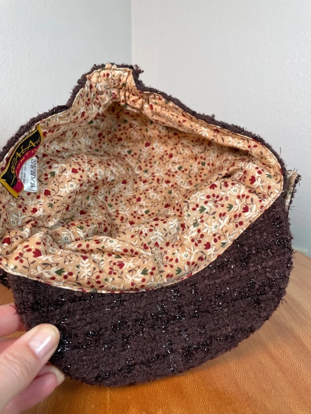 Y2K Brown Sparkly Tweed Knit Cap Hat Short Brim Floral Lined Hip Hop Streetwear